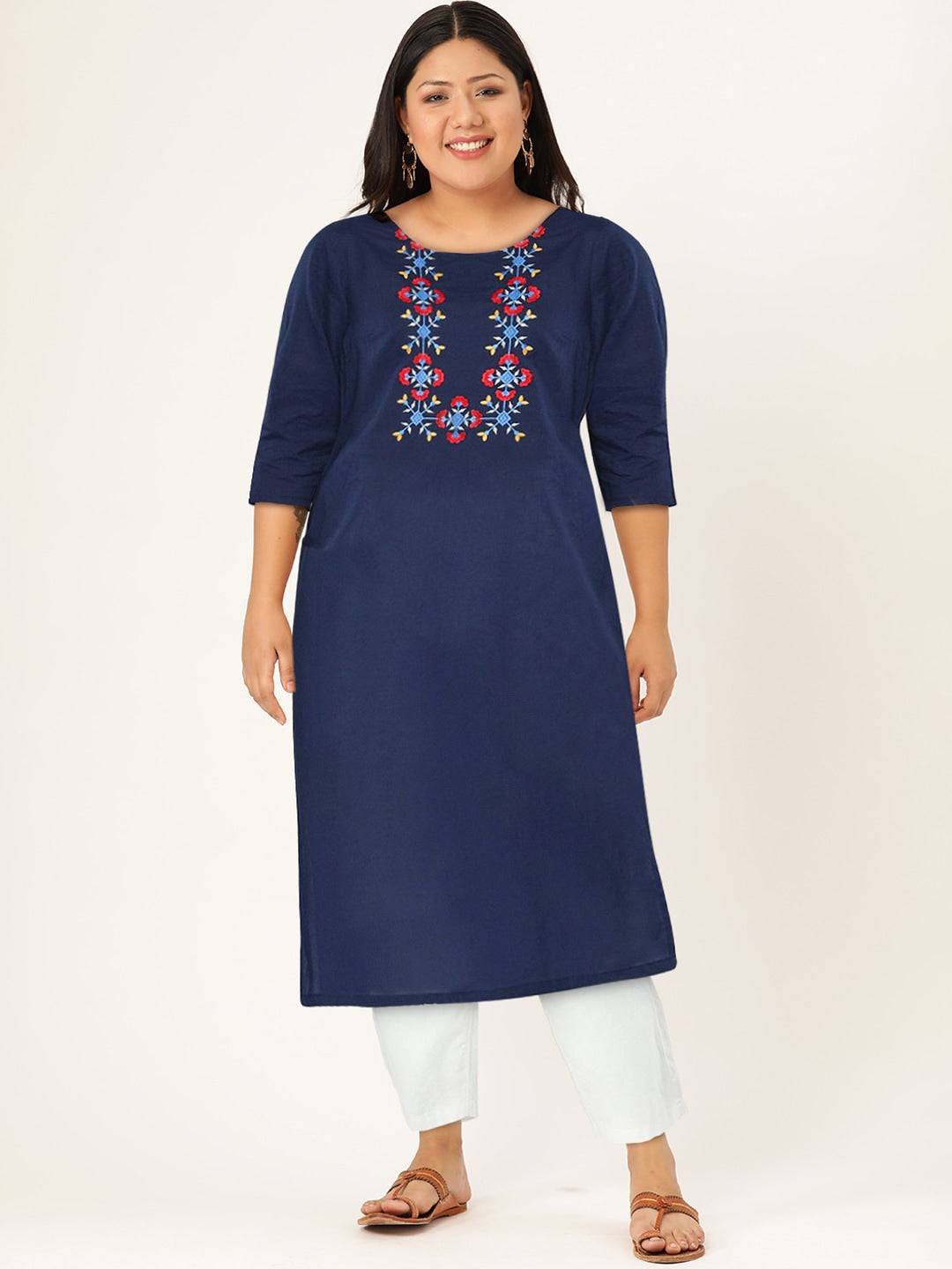 HERE&NOW Yoke Design Thread Work Cotton Kurta - Distacart