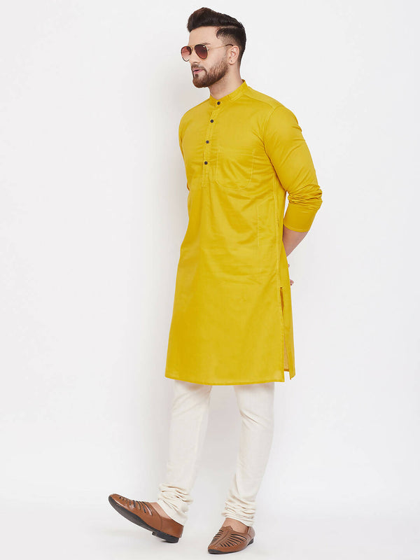 Even Apparels Pure Cotton Yellow Men's Kurta With Band Collar - Distacart