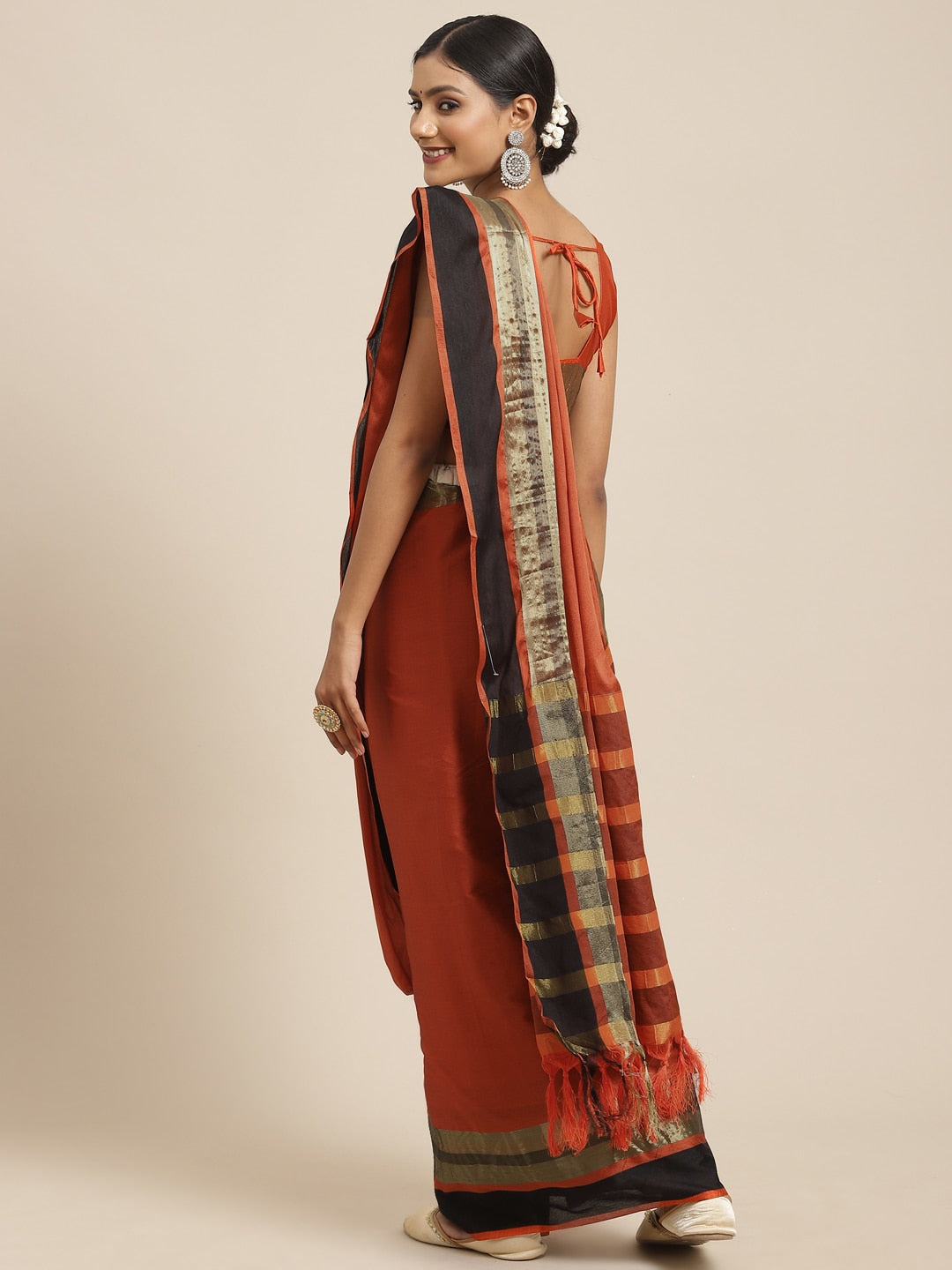 Saree Mall Rust & Gold-Toned Woven Design Silk Blend Uppada Sarees - Distacart