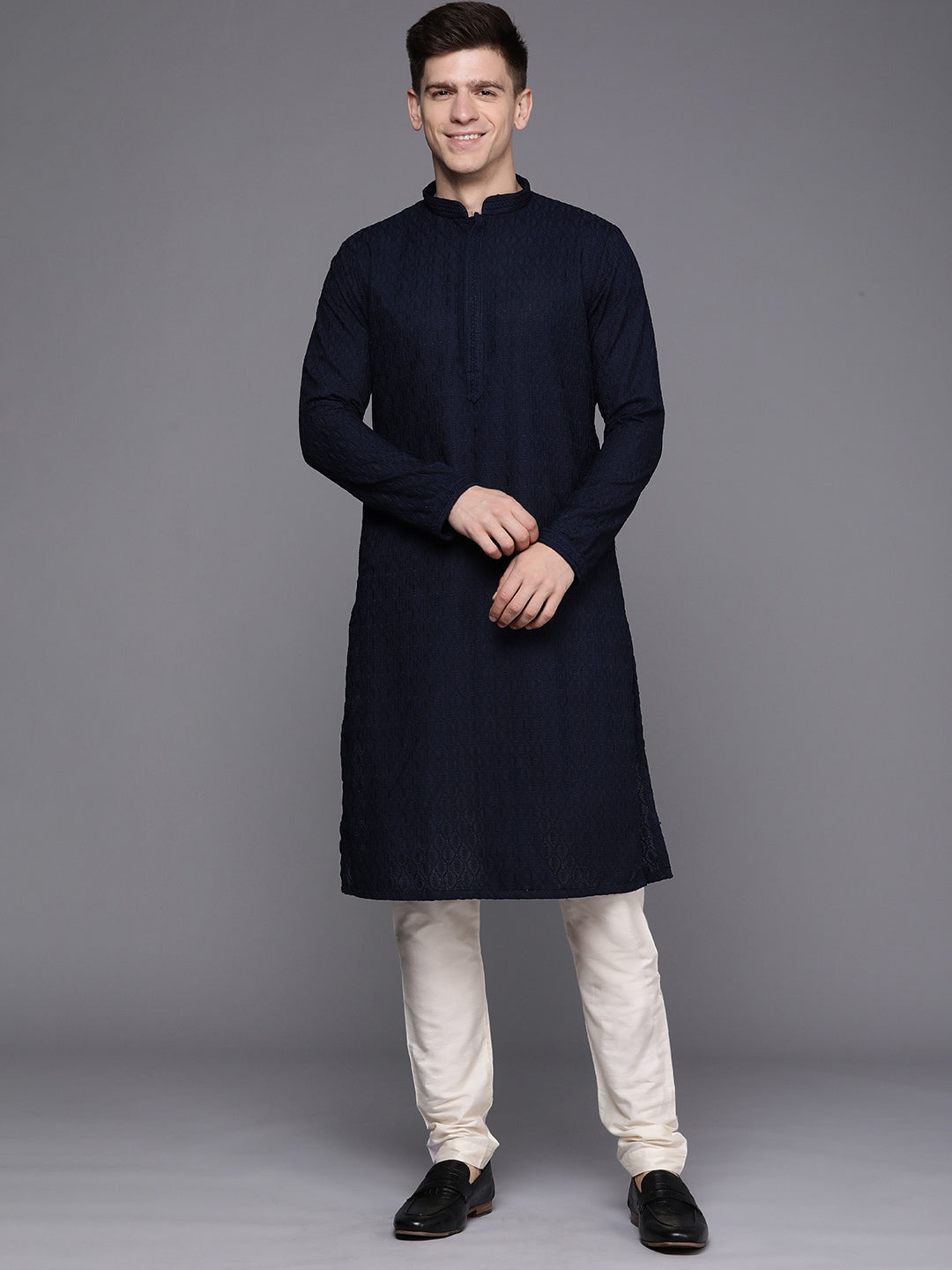 Manyavar Men Blue Ethnic Motifs Woven Design Kurta with Churidar - Distacart