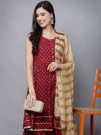 Thumbnail for HERE&NOW Women Maroon Ethnic Motifs Printed Kurta with Palazzos & With Dupatta - Distacart