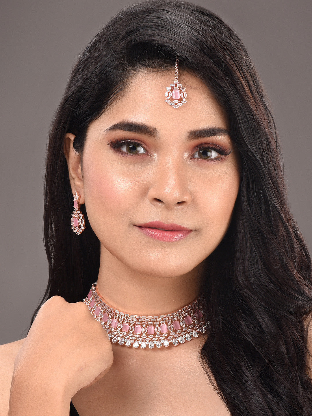 Saraf RS Jewellery Rose Gold-Plated & Pink AD Studded Handcrafted Jewellery Set - Distacart