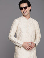 Thumbnail for Manyavar Men Cream-Coloured Ethnic Motifs Printed Thread Work Kurta with Churidar - Distacart