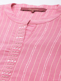 Thumbnail for Sangria Women Pink & White Striped Sequin Detail Kurta - Distacart