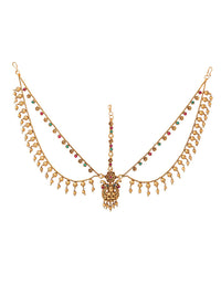 Thumbnail for Yellow Chimes Gold-Plated Red & Green Stone-Studded Layered Bridal Traditional Mathapatti - Distacart