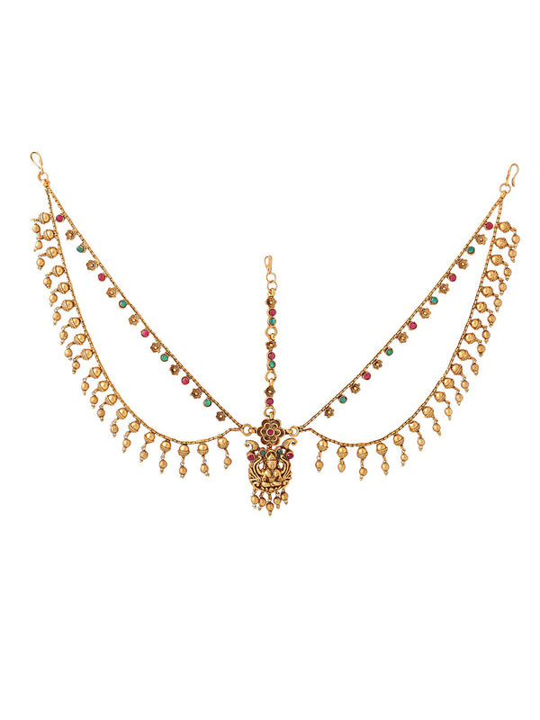 Yellow Chimes Gold-Plated Red & Green Stone-Studded Layered Bridal Traditional Mathapatti - Distacart