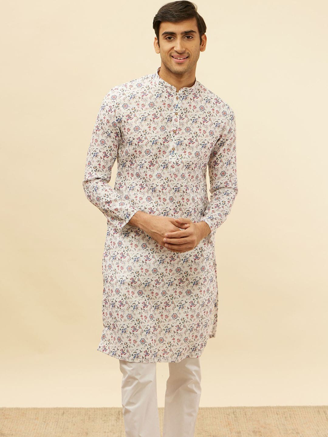 Manyavar Floral Printed Regular Kurta with Pyjamas - Distacart