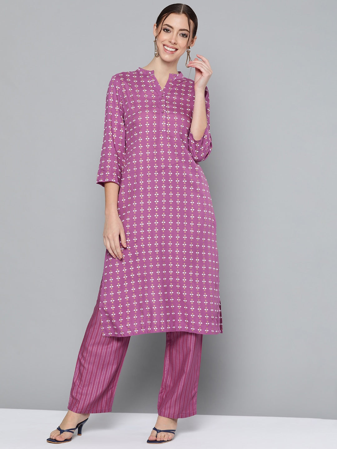 HERE&NOW Women Purple Printed Regular Kurta with Palazzos - Distacart