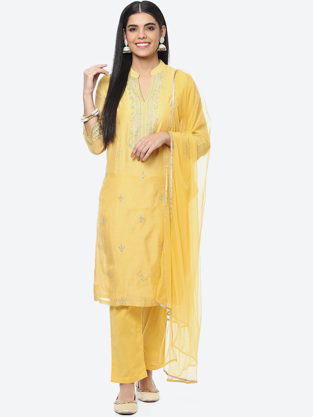Biba Floral Embroidered Thread Work Kurta with Trousers & With Dupatta - Distacart