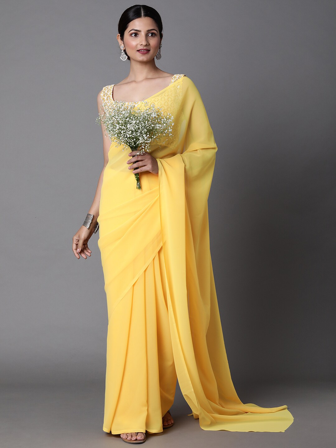 Mitera Yellow Solid Pure Georgette Saree - Distacart