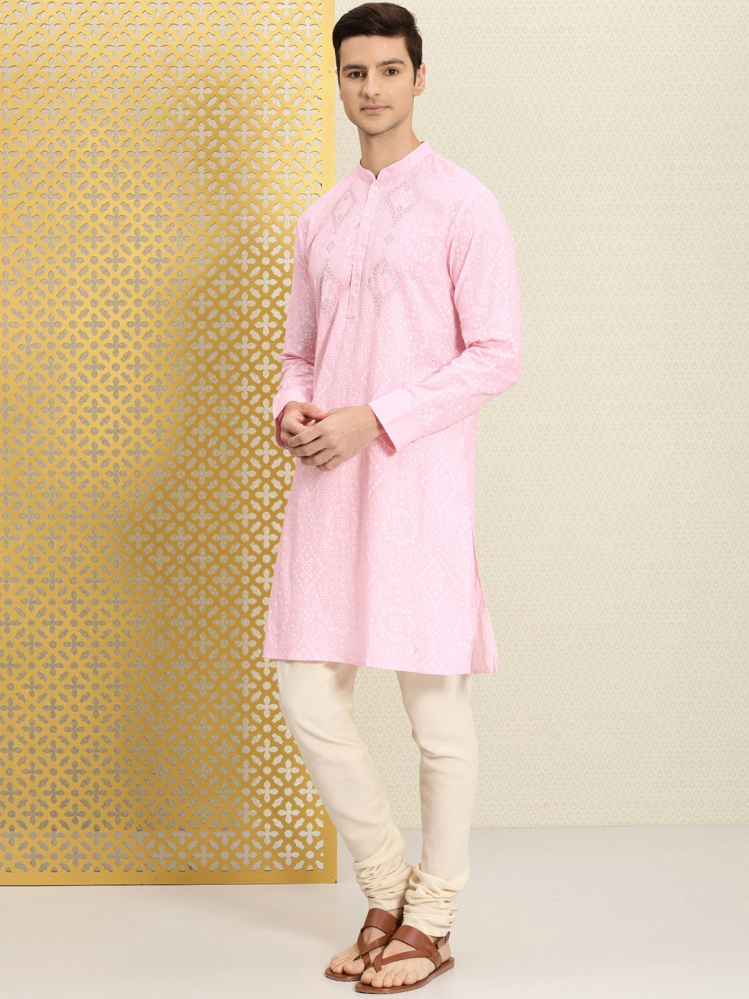 House of Pataudi Men Pink & White Bandhani Printed Pure Cotton Jashn Kurta - Distacart