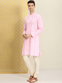 Thumbnail for House of Pataudi Men Pink & White Bandhani Printed Pure Cotton Jashn Kurta - Distacart