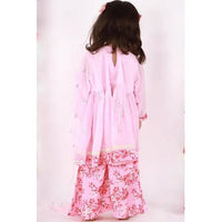 Thumbnail for Little Bansi Pink Floral print Kurta Frock with Floral Plazzo and Dupatta