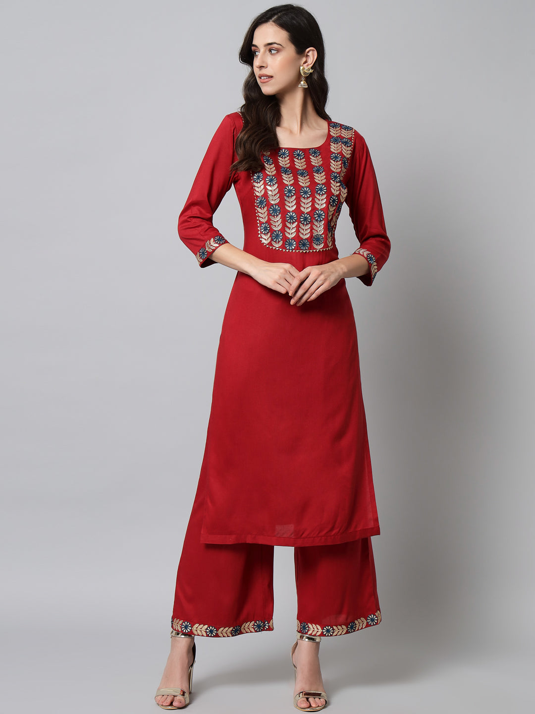 NOZ2TOZ Embroidered Red Kurta Palazzo Set - Distacart