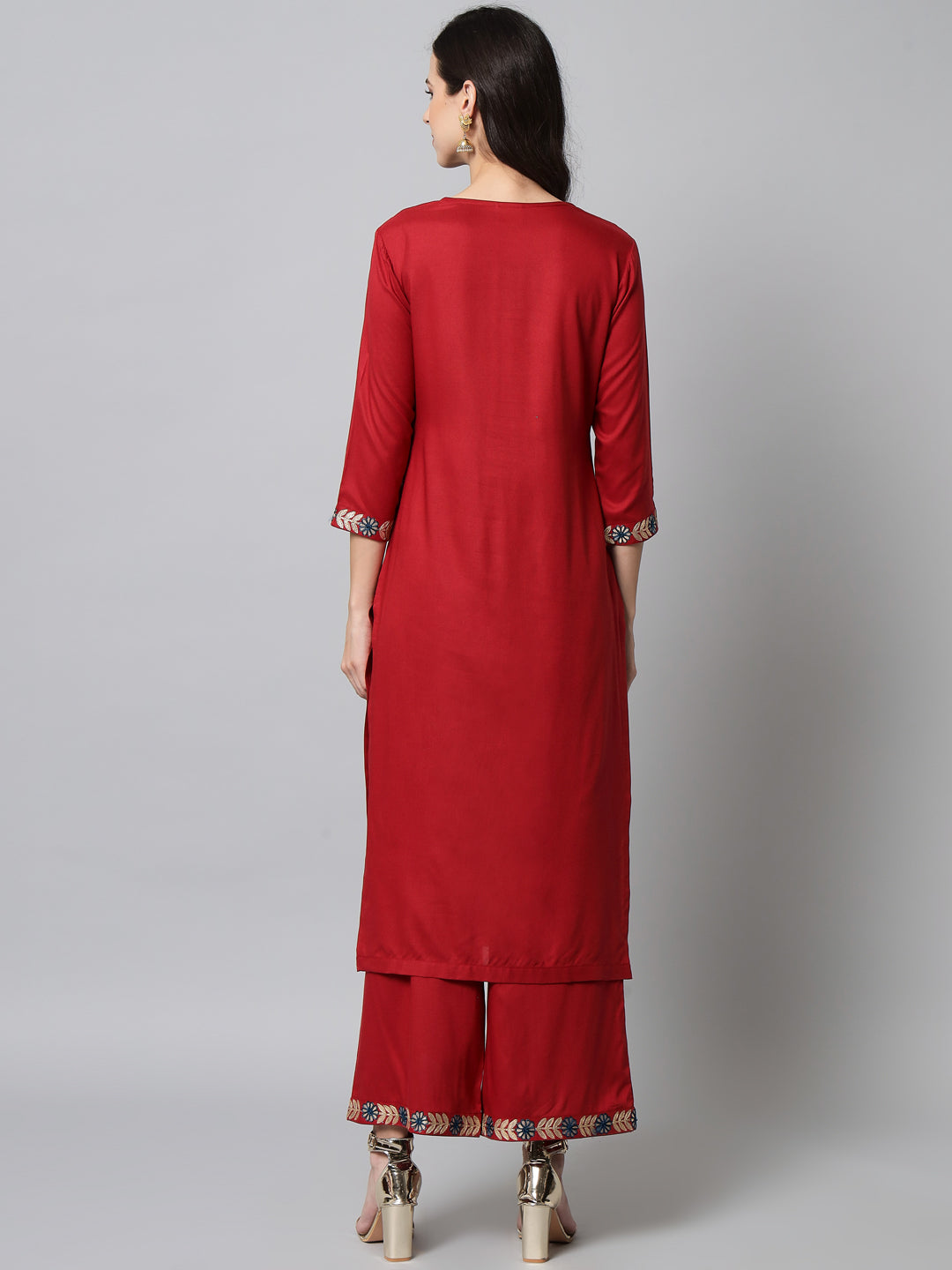 NOZ2TOZ Embroidered Red Kurta Palazzo Set - Distacart