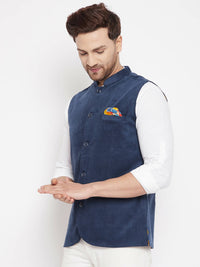 Thumbnail for Even Apparels Blue Polyester Men's Nehru Jacket-Contrast Lining-Inbuilt Pocket Square - Distacart