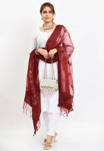 Thumbnail for Mominos Fashion Moeza Women's Orgenza All Over Chikan Work Maroon Dupatta - Distacart