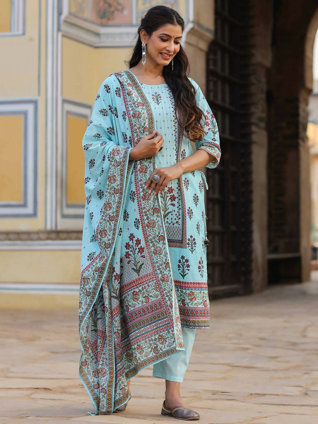 Juniper Women's Skyblue Cambric Floral Placement Printed Straight Fit Kurta Sets - Distacart