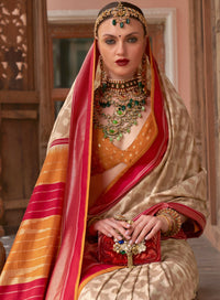 Thumbnail for Cream Silk Abstract Printed Saree With Unstitched Blouse Piece - Aanchal - Distacart
