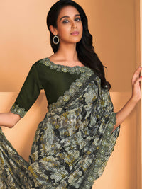 Thumbnail for Green Satin Crepe Silk Sequence Embroidered Saree With Unstitched Blouse - Mohmanthan Yavanika - Distacart