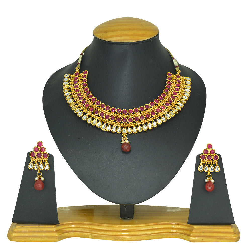 Gold-Plated Alloy Ruby Colour Stone Studded Choker Necklace Set - The Pari - Distacart