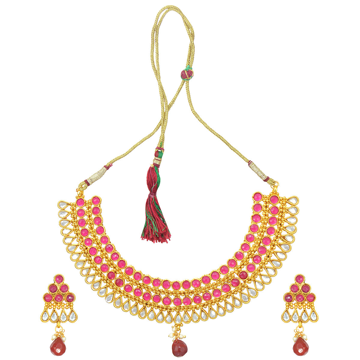Gold-Plated Alloy Ruby Colour Stone Studded Choker Necklace Set - The Pari - Distacart