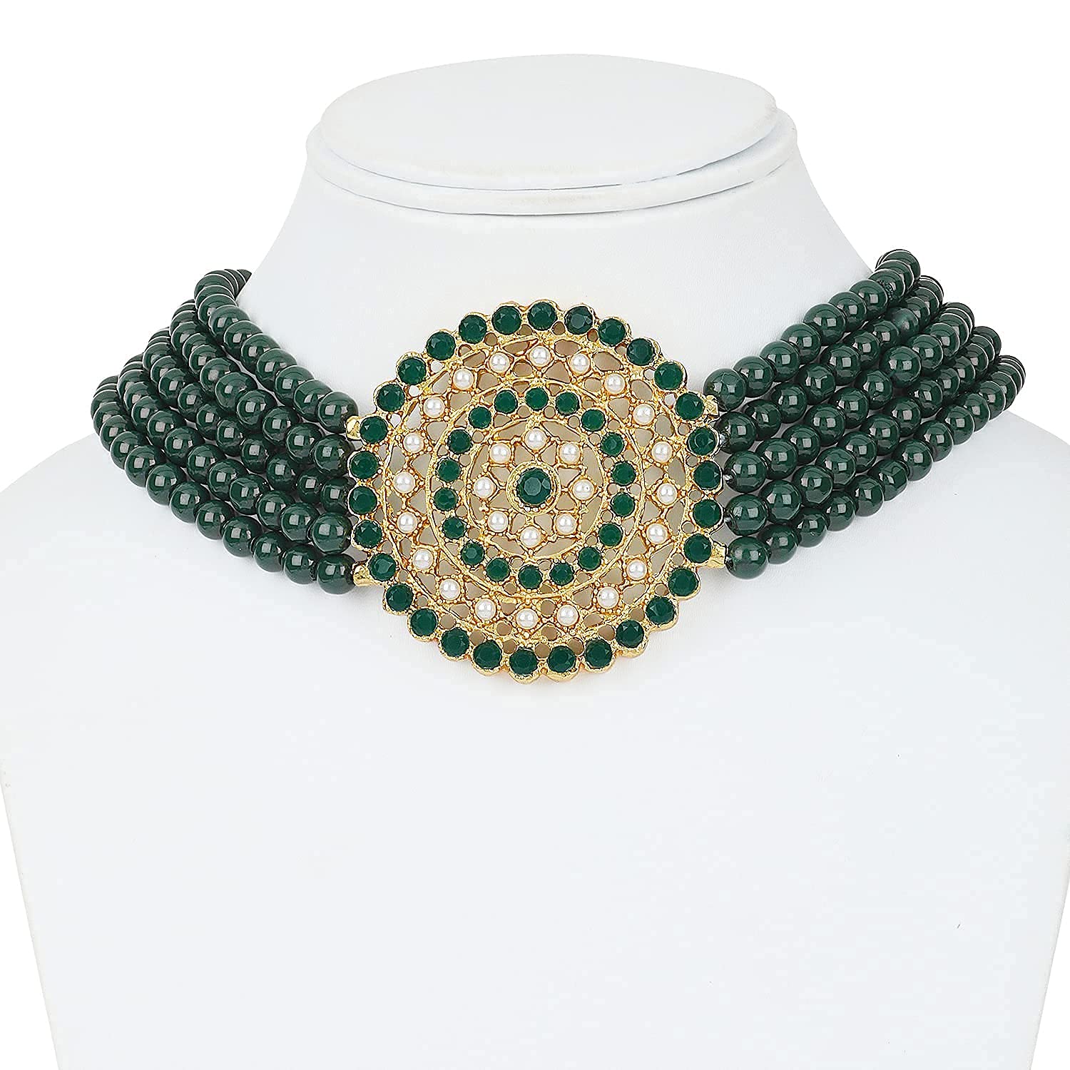 Gold-Plated Alloy Green Beaded Round Pendant Choker Necklace Set - The Pari - Distacart