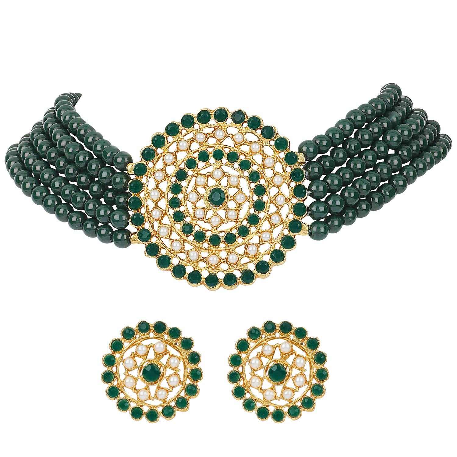 Gold-Plated Alloy Green Beaded Round Pendant Choker Necklace Set - The Pari - Distacart
