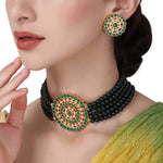 Thumbnail for Gold-Plated Alloy Green Beaded Round Pendant Choker Necklace Set - The Pari - Distacart