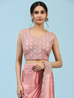 Thumbnail for Peach Silk Satin Plain Ready to wear Saree with stitched Blouse - Vrinda - Distacart