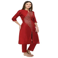 Thumbnail for Lagi Women's Maroon Poly silk Straight Embroidred Kurta Pant (RO115A)