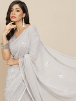 Thumbnail for Tikhi Imli Grey Embroidered Mirror-Work Saree - Distacart
