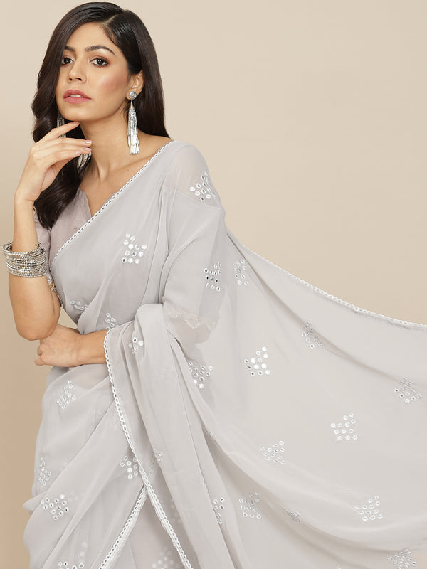 Tikhi Imli Grey Embroidered Mirror-Work Saree - Distacart