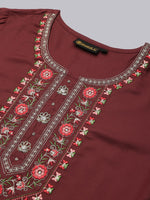 Thumbnail for Khushal K Women Burgundy Floral Yoke Design Panelled Kurta with Trousers - Distacart