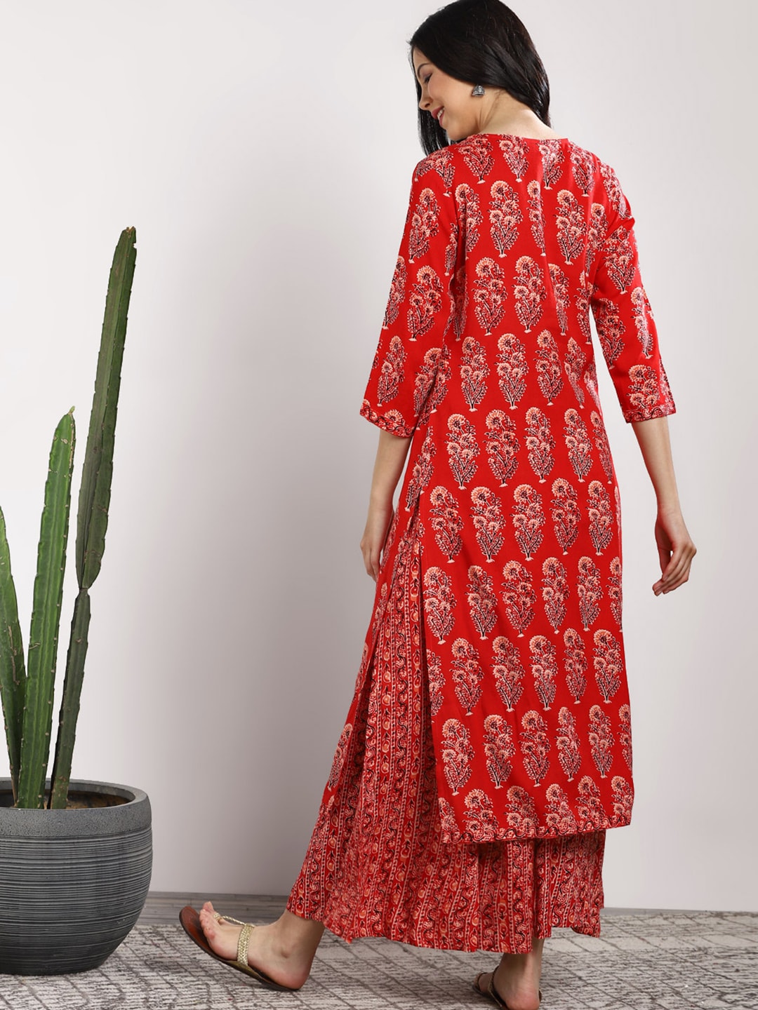 Sangria Women Red Printed Kurta with Palazzos - Distacart