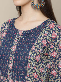 Thumbnail for Sangria Women Navy Blue Floral Printed Pure Cotton Kurti with Trousers & With Dupatta - Distacart