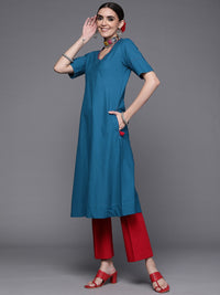 Thumbnail for Biba Women Navy Blue Solid Embroidered Bead Detail A-Line Pure Cotton Kurta - Distacart