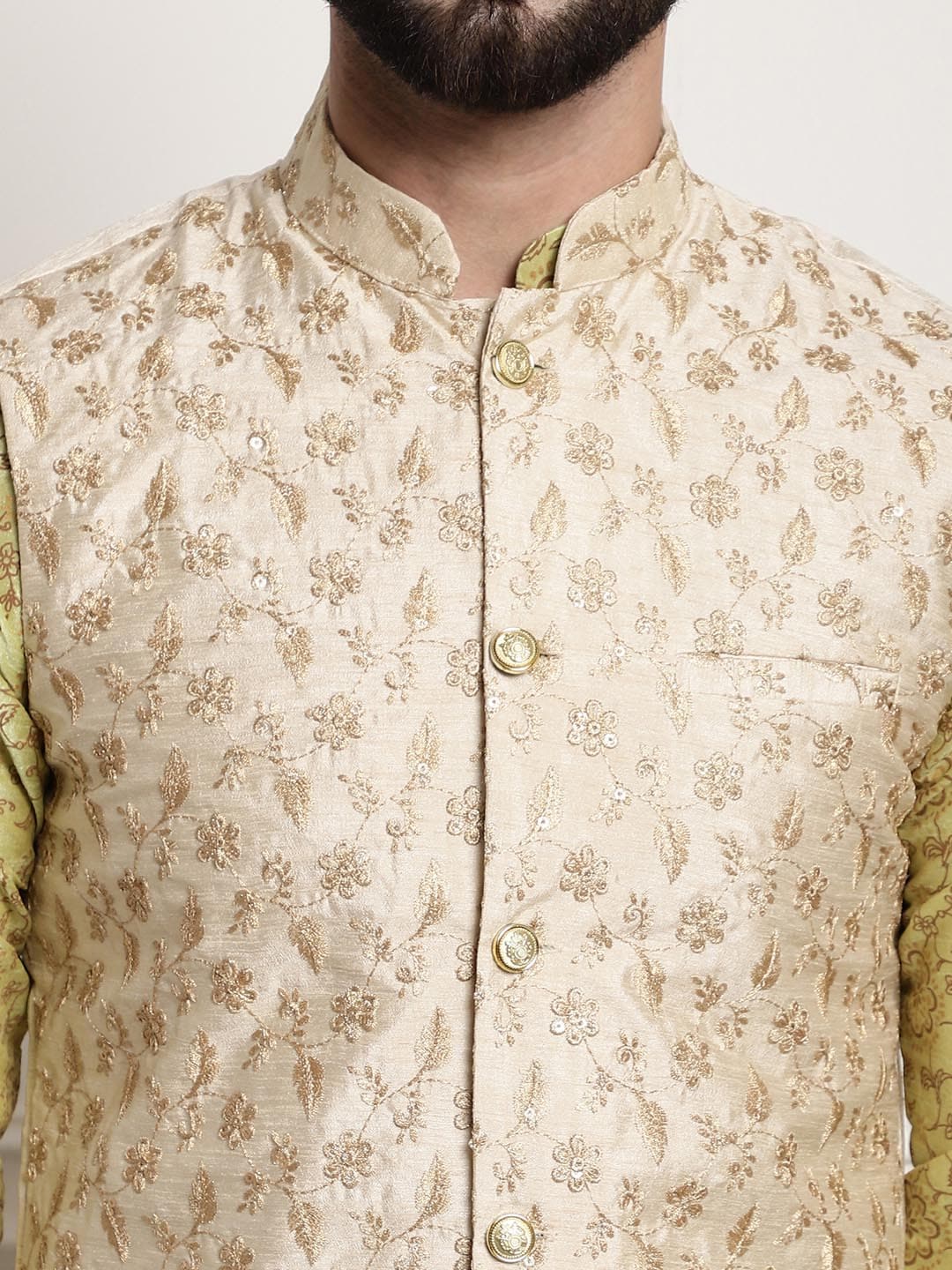 Sojanya Men Lime Green Ethnic Motifs Printed Kurta with Pyjamas & Nehru Jacket - Distacart
