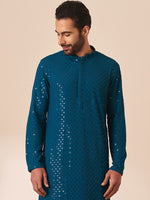 Thumbnail for Manyavar Men Geometric Embroidered Mandarin Collar Sequined Kurta with Pyjamas - Distacart