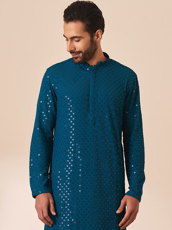 Manyavar Men Geometric Embroidered Mandarin Collar Sequined Kurta with Pyjamas - Distacart