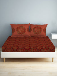 Thumbnail for SPACES Aurum Red Ethnic Motifs Pure Cotton 140 TC Queen Bedsheet with 2 Pillow Covers - Distacart