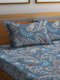 Thumbnail for FABINALIV Grey & Brown Etnic Motifs 300 TC Fitted King Bedsheet With 2 Pillow Covers - Distacart