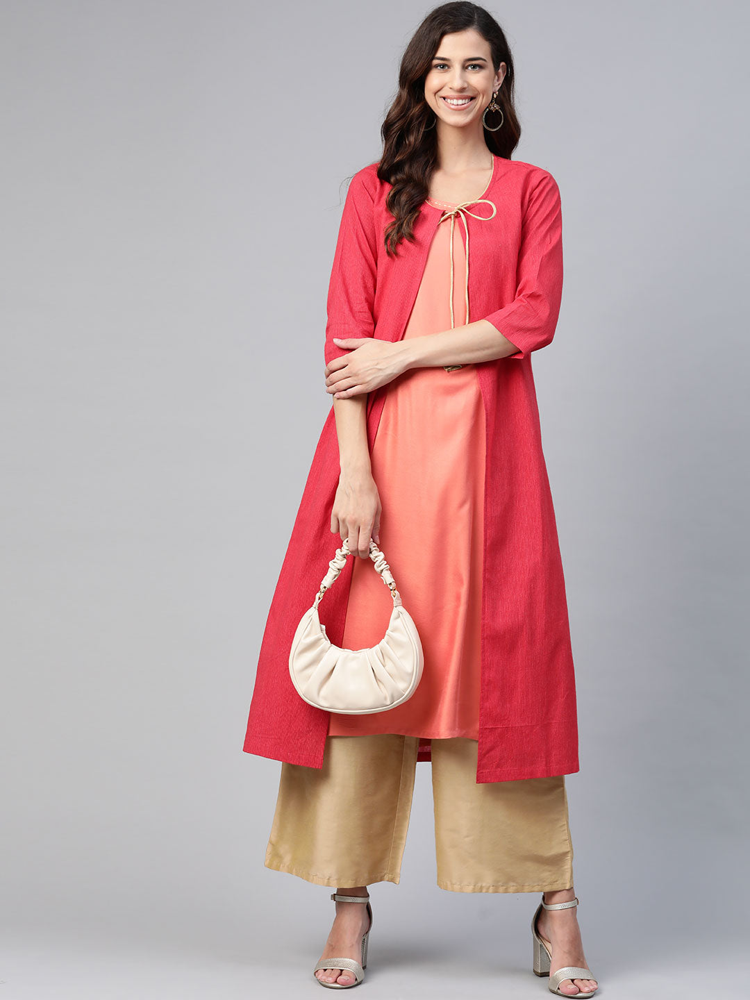 Biba Women Peach & Maroon Solid Kurta With Jacket - Distacart