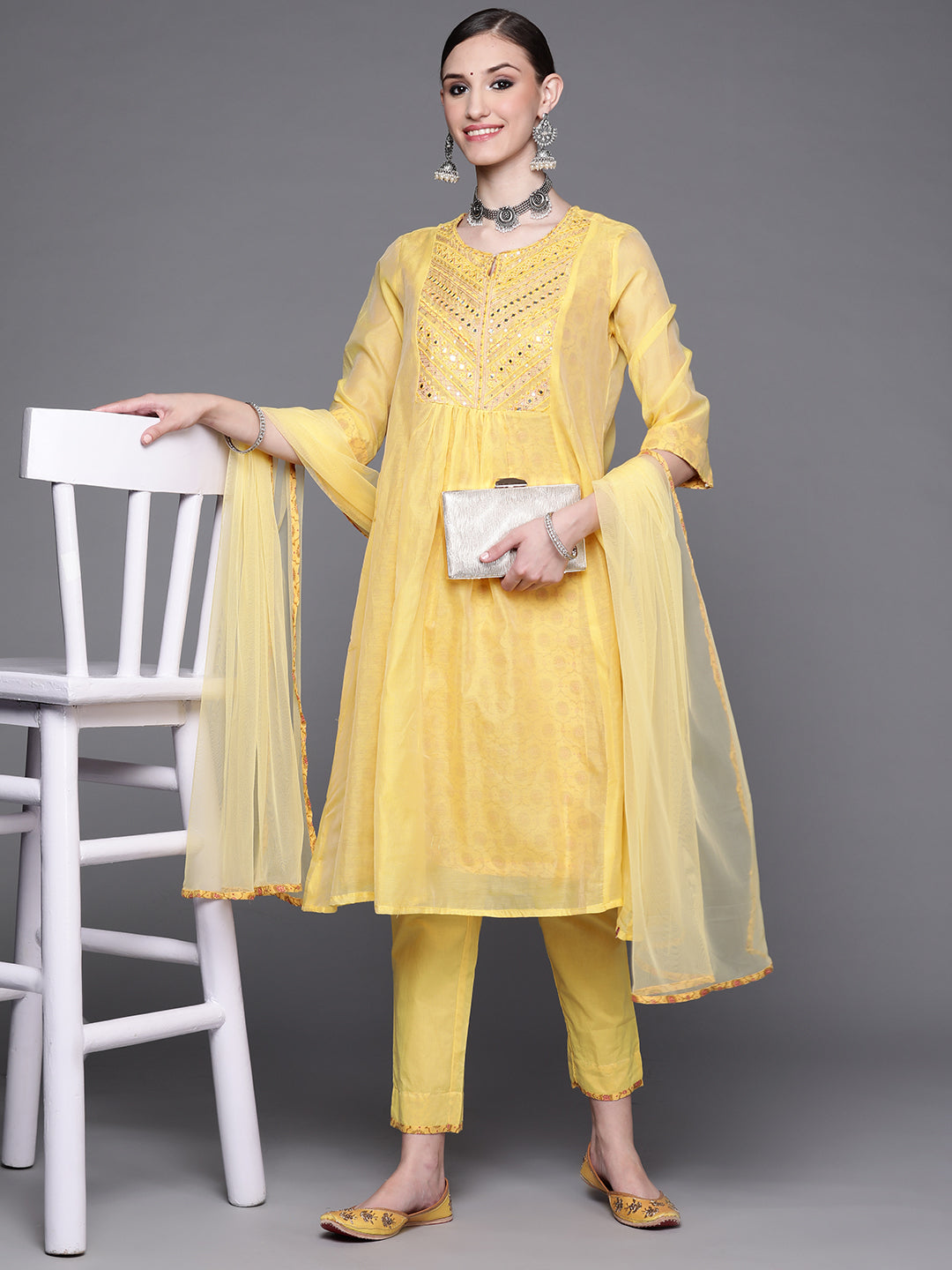 Biba Women Yellow Ethnic Motifs Yoke Design Mirror Work Kurta with Trousers & With Dupatta - Distacart