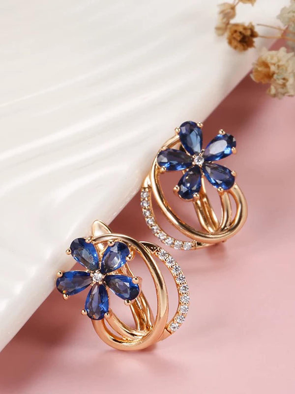 Shining Diva Rose Gold-Plated Blue Floral Studs Earrings - Distacart