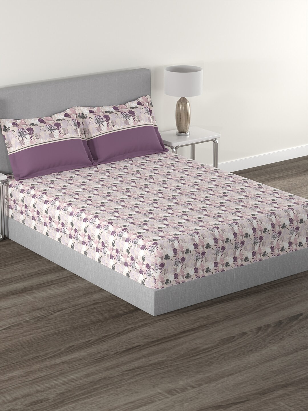MYTRIDENT Mauve White Floral Cotton 144 TC Queen Bedsheet With 2 Pillow Covers - Distacart