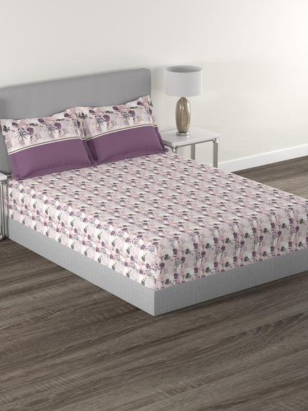 MYTRIDENT Mauve White Floral Cotton 144 TC Queen Bedsheet With 2 Pillow Covers - Distacart