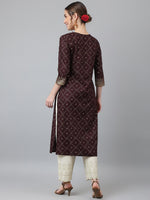 Thumbnail for Khushal K Women Brown & Gold-Toned Ethnic Motifs Printed Straight Kurta - Distacart