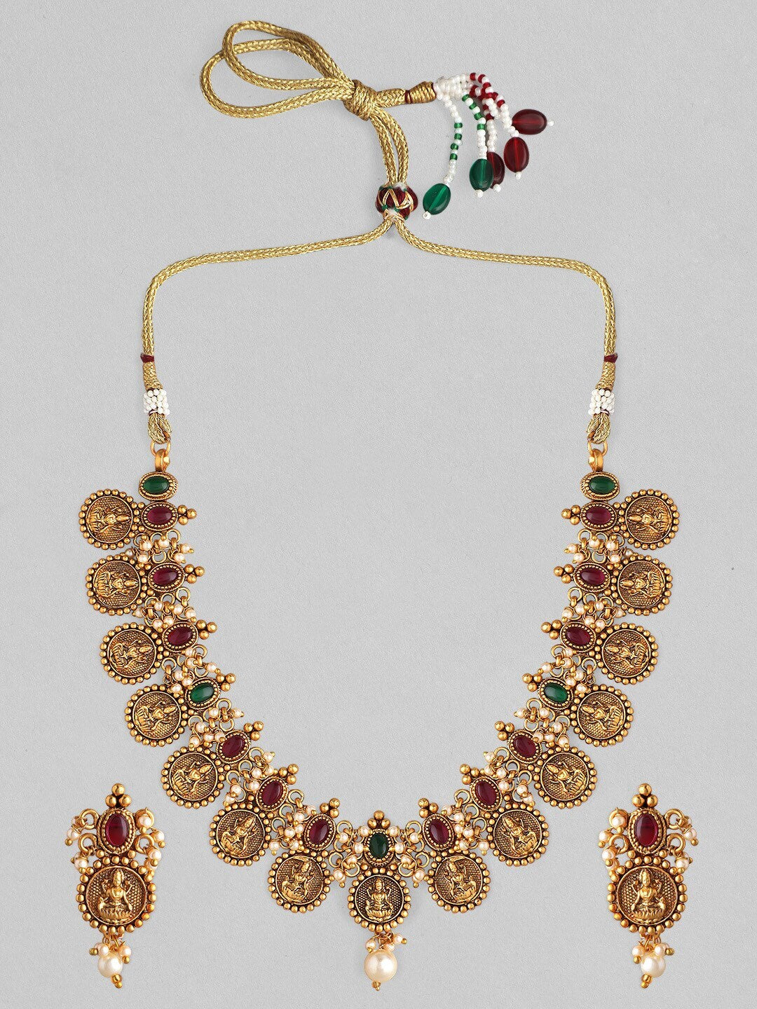 Rubans 24K Gold-Plated Red & Green Stone-Studded & Beaded Filgree Handcrafted Jewellery Set - Distacart
