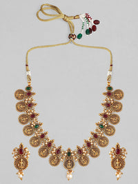 Thumbnail for Rubans 24K Gold-Plated Red & Green Stone-Studded & Beaded Filgree Handcrafted Jewellery Set - Distacart